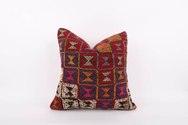 Geometric Kilim Pillow Cover 20x20 Vintage Turkish Wool Cushion - image 1