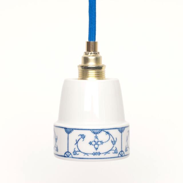 Lieselotte Handmade Hanging Lamp, Cup Made Of Vintage Teacup With Indian Blue D??cor, Brass Frame & Textile Cable - image 1