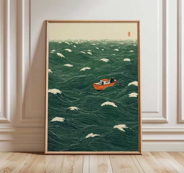 Japanese Wave Art, Boat At Sea Print, Minimalist Ocean Poster, Traditional Style Wall Art - image 1