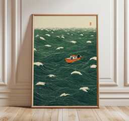 Japanese Wave Art, Boat At Sea Print, Minimalist Ocean Poster, Traditional Style Wall Art - thumbnail 1