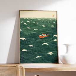 Japanese Wave Art, Boat At Sea Print, Minimalist Ocean Poster, Traditional Style Wall Art - thumbnail 2