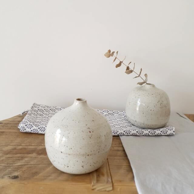 2 White Speckled Ceramic Bottle Vases - Set Of Minimalist Bud Vase Low Wide - image 1