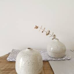 2 White Speckled Ceramic Bottle Vases - Set Of Minimalist Bud Vase Low Wide - thumbnail 2