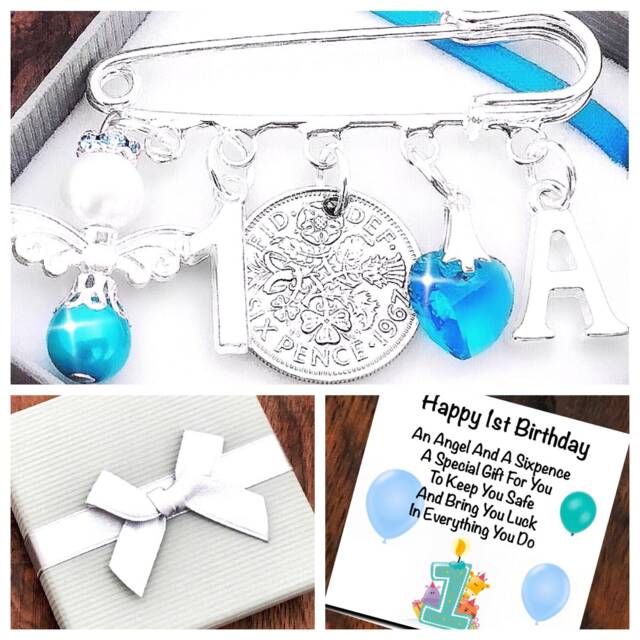 1st First Birthday, Angel, Initial Charm, Lucky Sixpence Gift, Safety Pin, Boy/Girl, Keepsake Gift Keyring, Box & Card - image 1