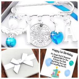 1st First Birthday, Angel, Initial Charm, Lucky Sixpence Gift, Safety Pin, Boy/Girl, Keepsake Gift Keyring, Box & Card