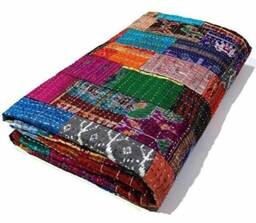 Handmade Silk Patchwork Kantha Quilt Bohemian Bedding Throw - thumbnail 2