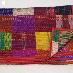 Handmade Silk Patchwork Kantha Quilt Bohemian Bedding Throw - thumbnail 3