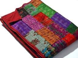 Handmade Silk Patchwork Kantha Quilt, Reversible Bohemian Bedspread, Vintage Indian Throw