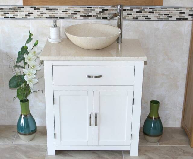 Bathroom White Painted Vanity Unit Modern Cabinet Wash Stand Cream Marble Top & Basin 502Pc25C - image 1