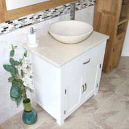 Bathroom White Painted Vanity Unit Modern Cabinet Wash Stand Cream Marble Top & Basin 502Pc25C - thumbnail 3