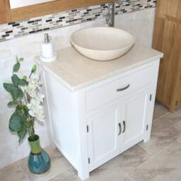 Bathroom White Painted Vanity Unit Modern Cabinet Wash Stand Cream Marble Top & Basin 502Pc25C - thumbnail 2
