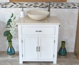 Bathroom White Painted Vanity Unit Modern Cabinet Wash Stand Cream Marble Top & Basin 502Pc25C - thumbnail 1