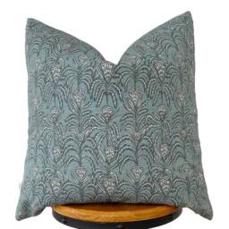 Blue Gray & Beige Floral Pillow Cover , Designer Fabric Pillow Cover - thumbnail 2