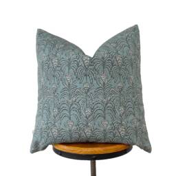 Blue Gray & Beige Floral Pillow Cover , Designer Fabric Pillow Cover - thumbnail 1