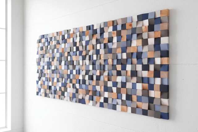 Modern Gray & Blue Geometric Wood Wall Art, 3D Acoustic Relief Sculpture - image 1