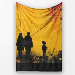 Family Silhouette Against Yellow Cityscape, Decorative Wall Art Style, Comfortable Everyday Use - Super Soft Fleece Blanket Bed Sofa Throw