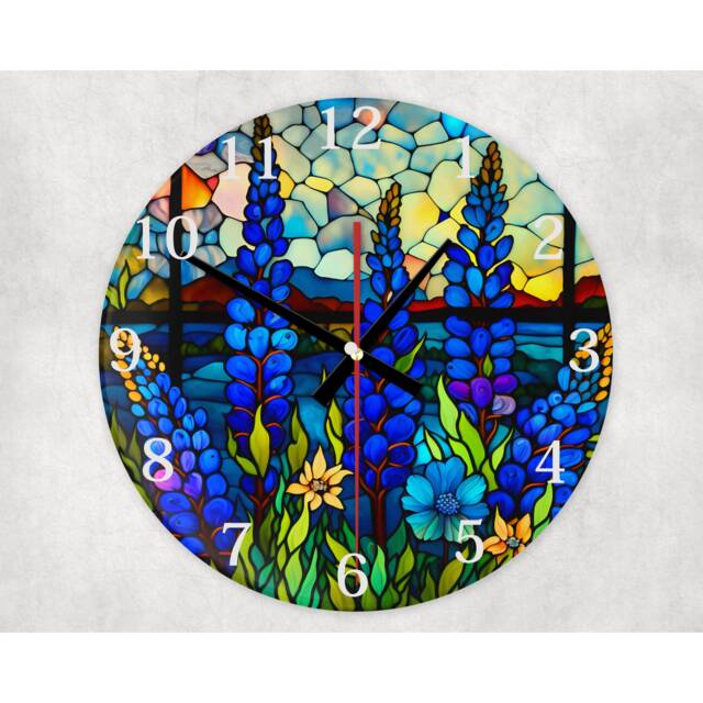 Bluebonnets Glass Wall Clock Faux Stained Decor - image 1