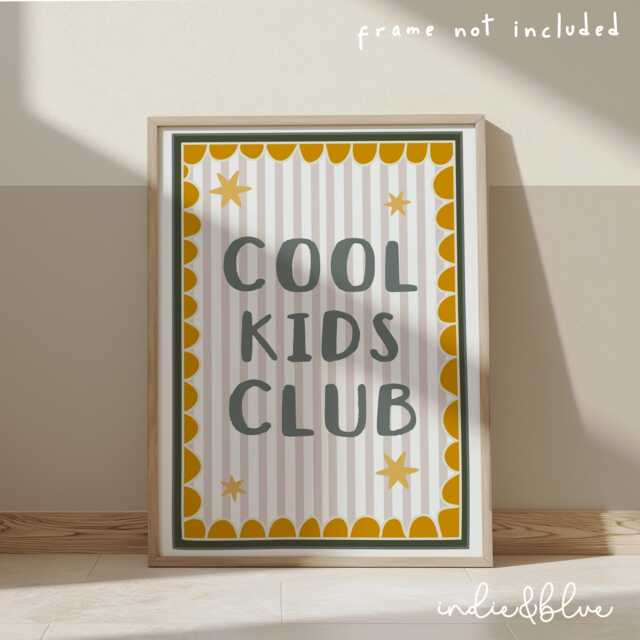 Cool Kids Club Print in Blue & Mustard Yellow, Scalloped Retro Bedroom Playroom, Scandi Nursery Decor - image 1