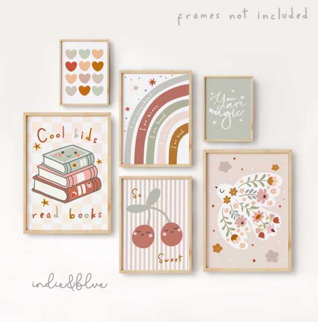 Set Of 6 Girls Gallery Wall Prints, Inspirational Quotes, Positivity Art, Sage Green & Dusky Pink Wildflower Bundle - image 1