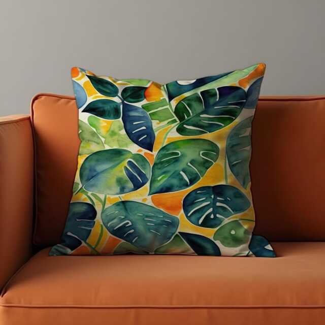 Tropical Leaf Cushion Cover, Watercolor Monstera Jungle Leaves Throw Pillowcase in Green & Orange, Vibrant Botanical Sofa Decor - image 1