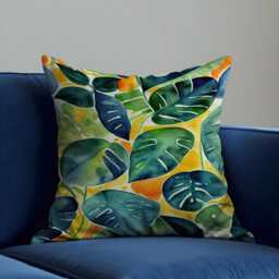 Tropical Leaf Cushion Cover, Watercolor Monstera Jungle Leaves Throw Pillowcase in Green & Orange, Vibrant Botanical Sofa Decor - thumbnail 3