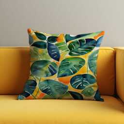 Tropical Leaf Cushion Cover, Watercolor Monstera Jungle Leaves Throw Pillowcase in Green & Orange, Vibrant Botanical Sofa Decor - thumbnail 2