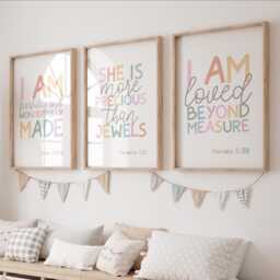 Set Of 3 Bible Verse Prints, Christian Nursery Girls Wall Art, Rainbow, Sunday School Decor, Bedroom Art - thumbnail 1