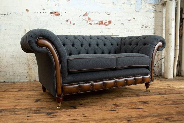 2 Seater Dark Grey Herringbone Wool Chesterfield Sofa, Antique Tan Leather, British Handmade - image 1