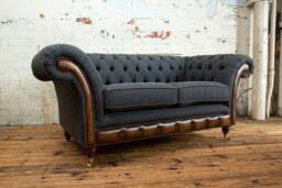 2 Seater Dark Grey Herringbone Wool Chesterfield Sofa, Antique Tan Leather, British Handmade - thumbnail 1