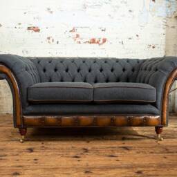 2 Seater Dark Grey Herringbone Wool Chesterfield Sofa, Antique Tan Leather, British Handmade - thumbnail 2