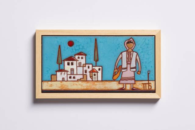 Handmade Greek Village Ceramic Tile Art, Framed Wall Decor - image 1