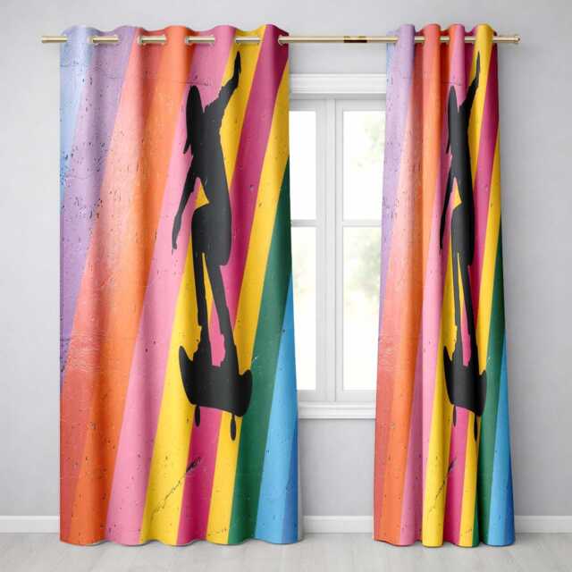 Colourful Skateboarder Silhouette Rainbow Street Art Modern Design For Home Decor Readymade Eyelet Ring Top Thermal 100% Blackout Curtains - image 1