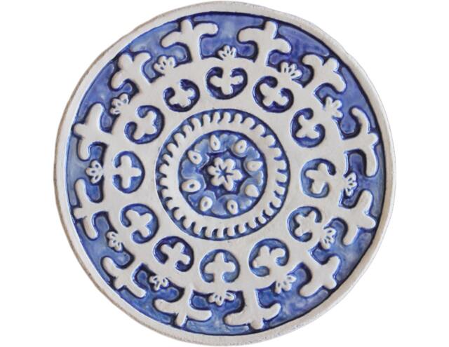 Wall Decor With Suzani Design, Ceramic Tile, Ethnic Art, Hanging Made From Ceramic, Circle #1 21cm Blue&white - image 1