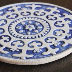 Wall Decor With Suzani Design, Ceramic Tile, Ethnic Art, Hanging Made From Ceramic, Circle #1 21cm Blue&white - thumbnail 2