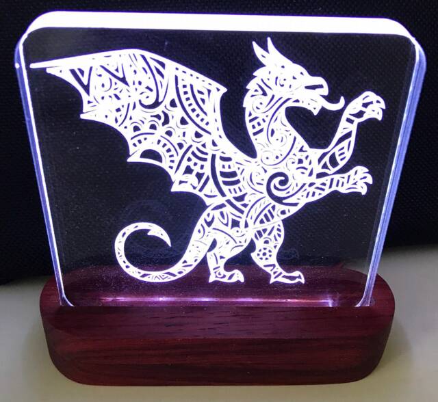 Dragon Mandala Zentangle Night Light - Etched Into Clear Glass Like Acrylic On Hand Crafted African Padauk Wood Base