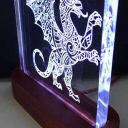 Dragon Mandala Zentangle Night Light - Etched Into Clear Glass Like Acrylic On Hand Crafted African Padauk Wood Base - thumbnail 3
