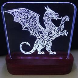 Dragon Mandala Zentangle Night Light - Etched Into Clear Glass Like Acrylic On Hand Crafted African Padauk Wood Base - thumbnail 2