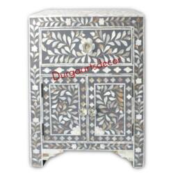 Mother Of Pearl Handmade Designer Grey Floral Pattern Bedside Table - thumbnail 4