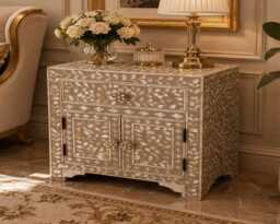 Mother Of Pearl Handmade Designer Grey Floral Pattern Bedside Table - thumbnail 1