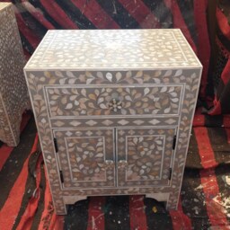 Mother Of Pearl Handmade Designer Grey Floral Pattern Bedside Table - thumbnail 2
