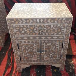 Mother Of Pearl Handmade Designer Grey Floral Pattern Bedside Table - thumbnail 3