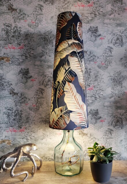 Leaves Blue Velvet Cone Lampshade - 70cm Tall Tropical Shade - image 1