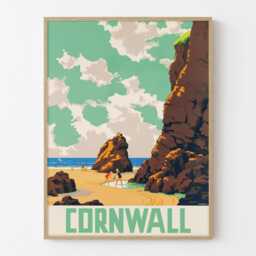 Vintage Cornwall Travel Poster Print, British Seaside Beach Coastal Landscape Retro Wall Art - thumbnail 1