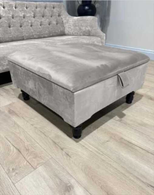 Handmade Creamy White Velvet Ottoman - Square Storage Trunk, Chesterfield Lid - image 1