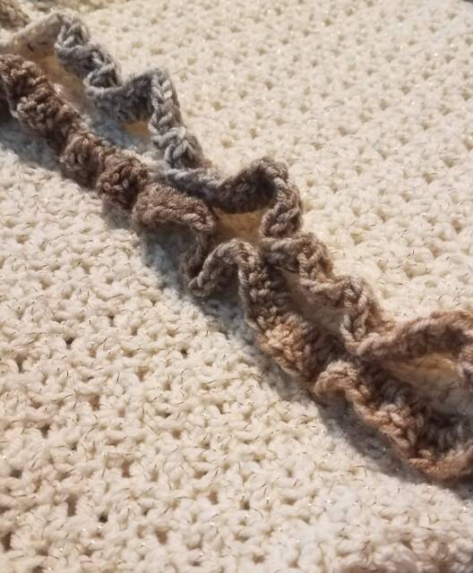 Crochet Baby Blanket - Neutral Ivory & Gold With Brown/Beige Ruffle - image 1