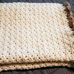 Crochet Baby Blanket - Neutral Ivory & Gold With Brown/Beige Ruffle - thumbnail 2