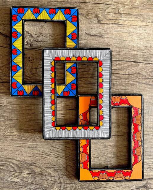 Hand Painted Wooden Frame Madhubani Indian Art Wall Decor - image 1