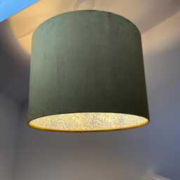 Mustard Velvet Drum Lampshade, Double Sided Lampshade With William Morris Blue Willow Cotton Interior, Ceiling Light Shade - thumbnail 2