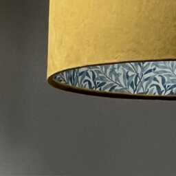 Mustard Velvet Drum Lampshade, Double Sided Lampshade With William Morris Blue Willow Cotton Interior, Ceiling Light Shade - thumbnail 3