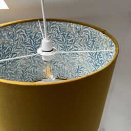 Mustard Velvet Drum Lampshade, Double Sided Lampshade With William Morris Blue Willow Cotton Interior, Ceiling Light Shade